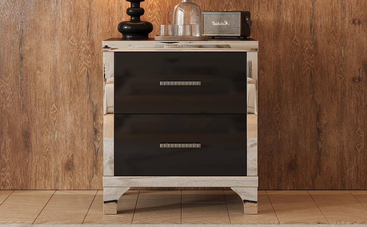 Elegant High Gloss Nightstand with Metal Handle, Mirrored Bedside Table with 2 Drawers, Black