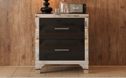 Elegant High Gloss Nightstand with Metal Handle, Mirrored Bedside Table with 2 Drawers, Black
