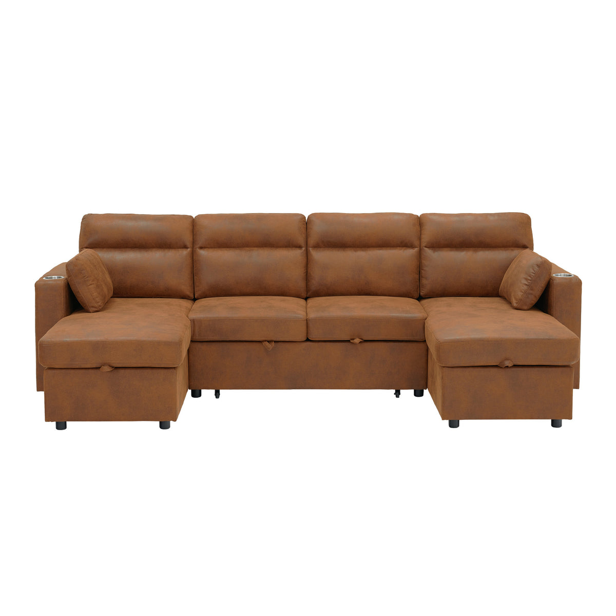 Convertible U-Shaped Sectional Sofa Bed with Double Storage Chaises, Pull-Out Sleeper, Cup Holders, and Lumbar Pillows