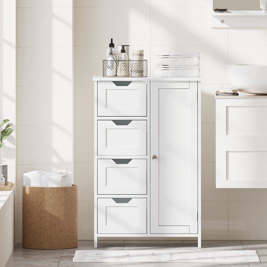 Bathroom Storage Cabinet with 4 Drawers and 1 Door, Freestanding Wooden Floor Organizer, Narrow Storage Cabinet, Living Room or Hallway