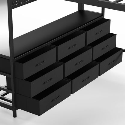 Queen Size Loft Bed with Desk, Loft Bed with Drawers, Loft Bed with Led Light and USB, Sturdy Loft bed Frame, Loft Bed with Mirror, Multi-Functional High Loft Bed for Teens Adults.Black