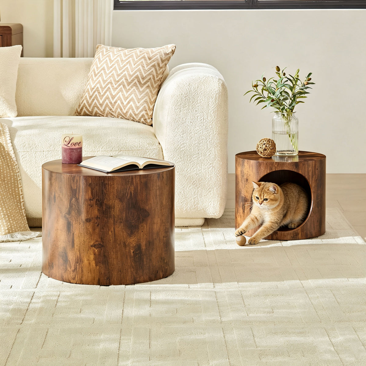 Cat Nest Nesting Stool Set Round Nesting Coffee Table Set of 2 for Living Room,No Assembly Dark Brown