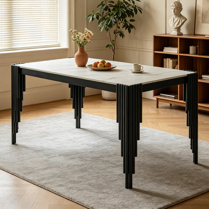 Modern 49" Rectangular Dining Table, White Marble-Look MDF Top with Black Metal Legs, Space-Saving Kitchen Desk for Small Apartments, Easy Assembly