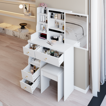 29.2' Small Space Left Drawer Desktop Vanity Table + Cushioned Stool, Extra Large Right sliding mirror, Multi Layer High Capacity Storage, Practical Fashionable Dresser, Suitable For Small Space