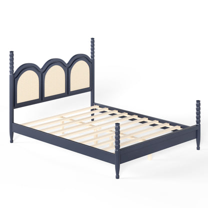 Queen Size Platform Bed with Arched Woven Headboard, Four Poster Stylish Wooden Bed Frame, Elegant Curved Headboard Bed Frame For Bedroom,Blue