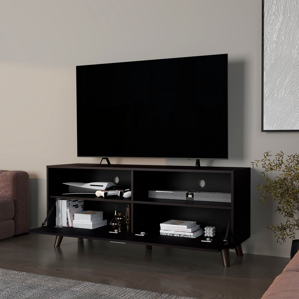 FM FURNITURE Black City Tv Stand 60" with Open Storage and 1 Door, Wengue