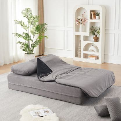 75'' 2-in-1 Foldable Sofa Bed with Multi-Functional Blanket in Grey Corduroy, Convertible Floor Lounge for Living Room Bedroom Studio