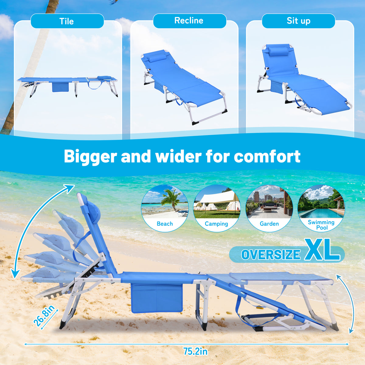3-in-1 Heavy Duty Tanning Chair with Face Hole Adjustable 5-Position Folding Chaise Lounge Chairs for Outside Portable Lay Flat Beach Lounge Chair for Outdoor Sunbathing Patio Pool Lawn Camping Deck P