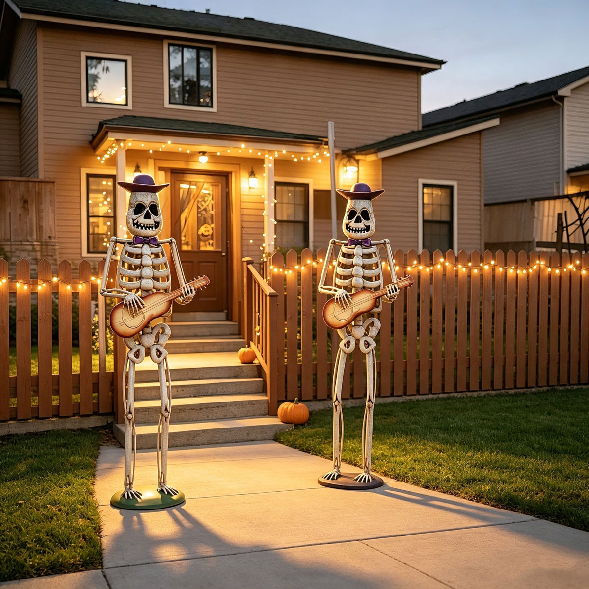 Halloween Skeleton Guitar Yard Decoration, 61.8 Inch Metal Statue with Purple Hat and Bow Tie in Ivory White for Outdoor Porch, Lawn, and Party Decor