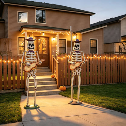 Halloween Skeleton Guitar Yard Decoration, 61.8 Inch Metal Statue with Purple Hat and Bow Tie in Ivory White for Outdoor Porch, Lawn, and Party Decor