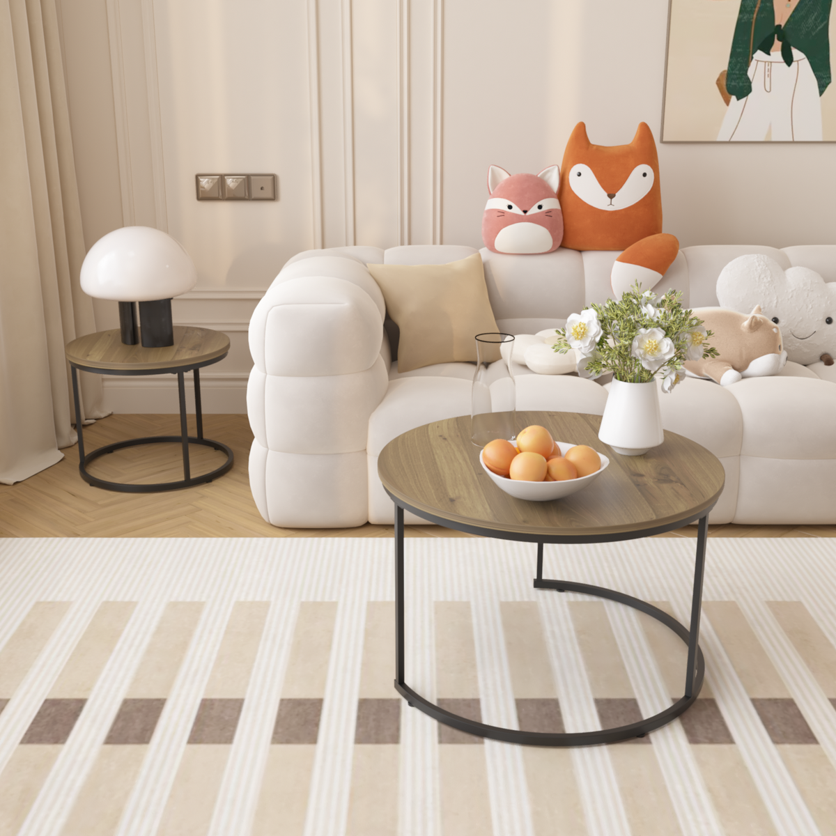 Nesting Coffee Table Set of 2, 27.6inch Round Industrial Wood Finish with Sturdy Metal Frame