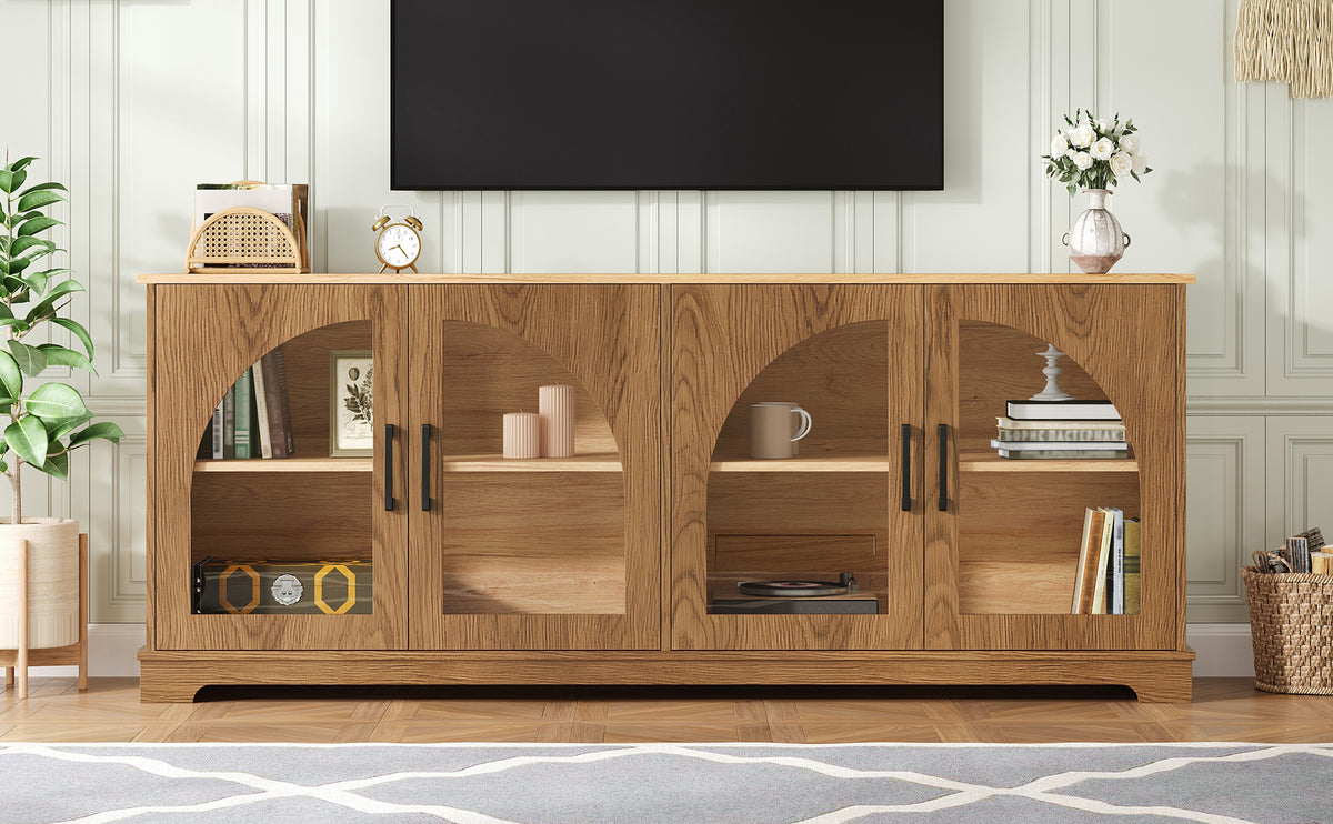Farmhouse TV Stand with Semi-Arched Glass Doors for TVs Up to 70", Elegant Two-Tone Media Console with Adjustable Shelves, Wood Grain Sideboard with Cable Management for Living Room, Brown+Natural