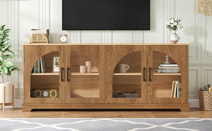 Farmhouse TV Stand with Semi-Arched Glass Doors for TVs Up to 70", Elegant Two-Tone Media Console with Adjustable Shelves, Wood Grain Sideboard with Cable Management for Living Room, Brown+Natural
