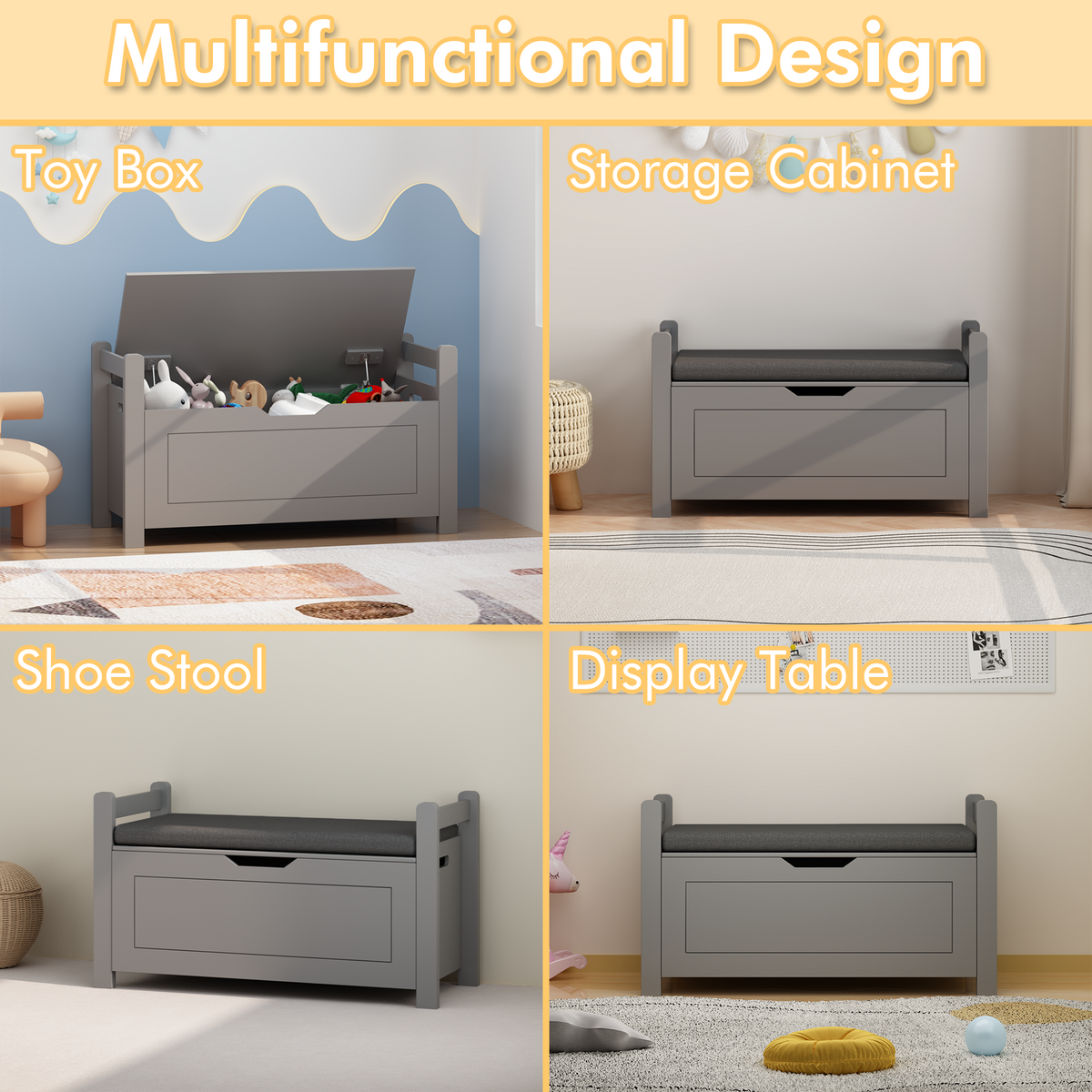 Kids Toy Box Chest for Boys Girls, Large Storage Cabinet with Cushion Seat Bench/ Flip-Top Lid/ Safety Hinge, Toy Storage Organizer Trunk for Nursery, Playroom (Gray)