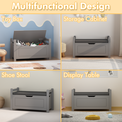Kids Toy Box Chest for Boys Girls, Large Storage Cabinet with Cushion Seat Bench/ Flip-Top Lid/ Safety Hinge, Toy Storage Organizer Trunk for Nursery, Playroom (Gray)