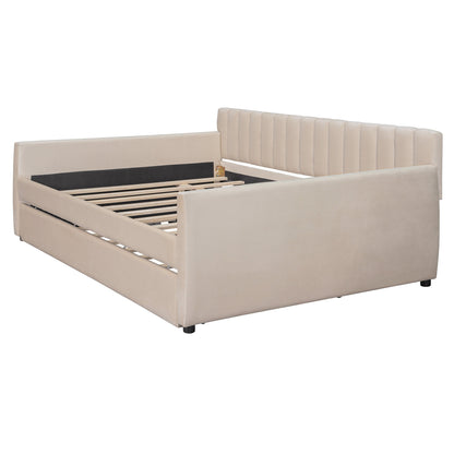 Full Size Upholstered daybed with Trundle and Wood Slat Support, Beige(Old SKU:LP000121AAA)