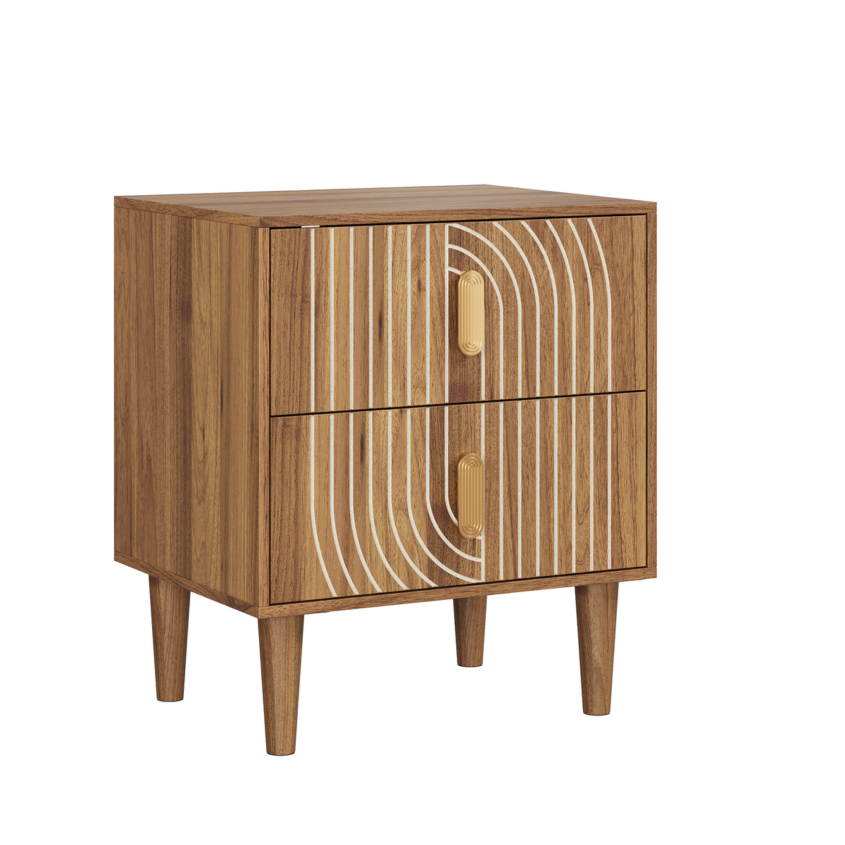 Medieval-style modern bedside table with double drawers for storage and solid wood legs; bedroom side table, bedside storage cabinet, compact bedside table, walnut color.