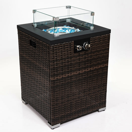 22' Propane Gas Fire Pit Table, 40000 BTU Square Steel Fire Pit with Beautiful Wicker Base for Outside Patio Deck Garden Backyard-Black
