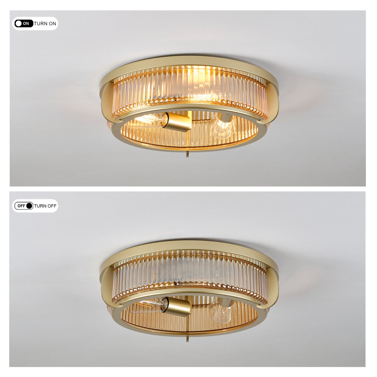 16.14" Flush Mount Ceiling Light, Gold Metal Frame with Ribbed Glass Shade, 3xE26 Socket, Max 60W, Bulbs Not Included
