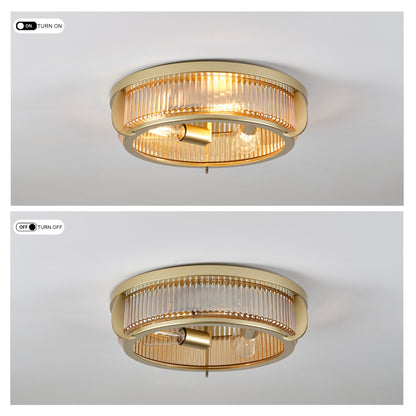 16.14" Flush Mount Ceiling Light, Gold Metal Frame with Ribbed Glass Shade, 3xE26 Socket, Max 60W, Bulbs Not Included