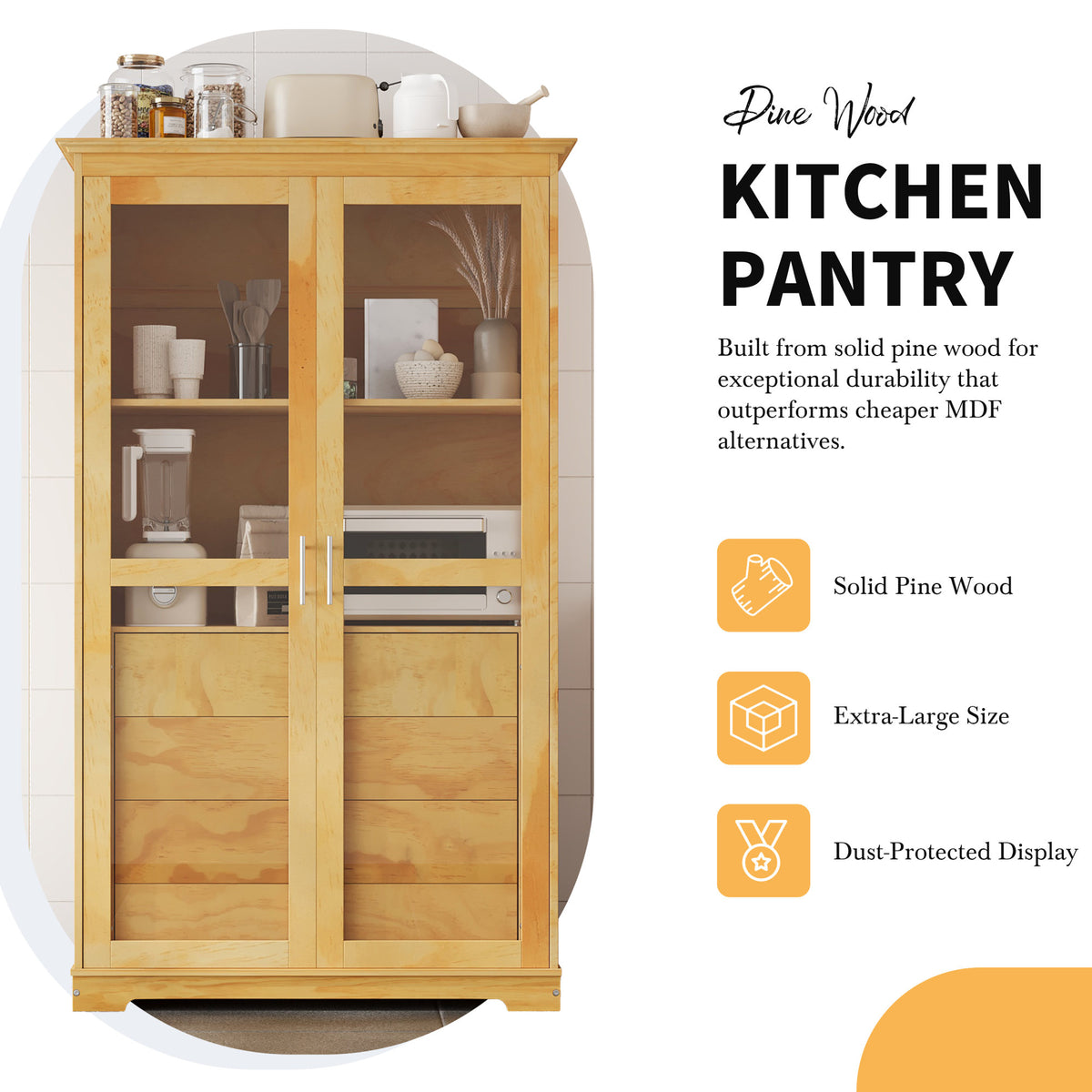 TOPMAX 44.7x20x75inch Kitchen Pantry, Freestanding Kitchen Storage Cabinet Display Cabinet with Glass Doors and 4 Built-in Drawers, Natural