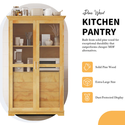 TOPMAX 44.7x20x75inch Kitchen Pantry, Freestanding Kitchen Storage Cabinet Display Cabinet with Glass Doors and 4 Built-in Drawers, Natural