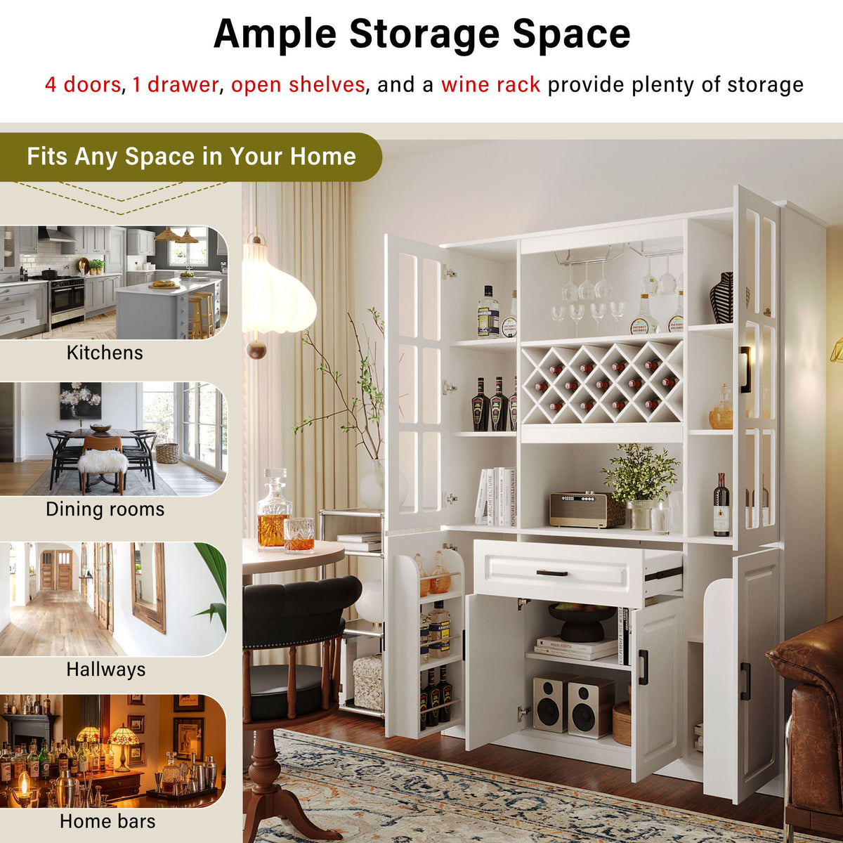 U_Style 74.1" Tall Wine Cabinet with Wine Rack & Glass Holder, 4-Door Storage Cabinet with Drawer & Open Shelves, Multifunctional Kitchen & Bar Cabinet with Door Storage for Kitchen, Dining Room