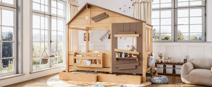 Twin Size Farmhouse Spliced House Bed with Window Shelf & Side Hooks, Playhouse Bed Frame with Underbed Storage Drawers and LED,Light Natural