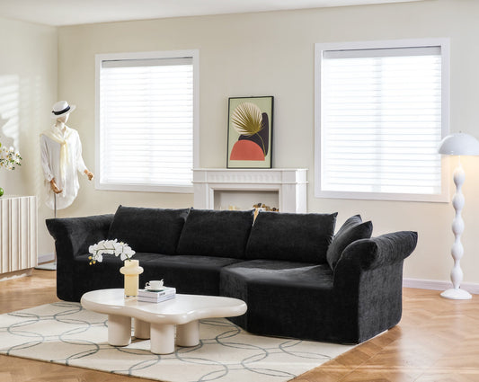 Modern Minimalist Modular Sectional Sofa, Right Arm, Wide Armrests & Throw Pillows, Elegant Curved Corner Sofa for Living Room & Bedroom-Black