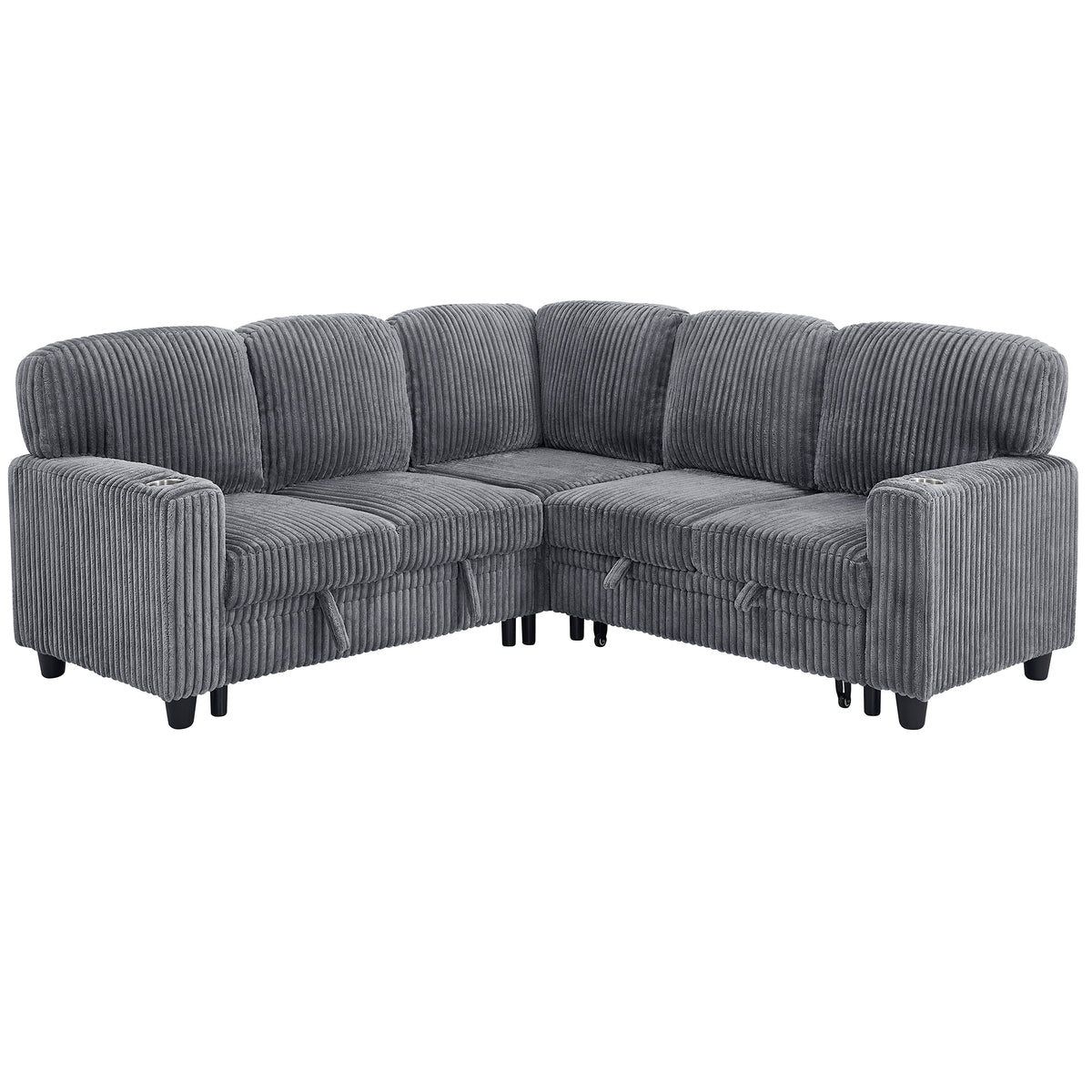 L-Shaped Sectional Sofa Bed with Pull-Out Bed & Storage, 5-Seat Sleeper Couch with USB Charging, Convertible Design, Corduroy Fabric, Grey