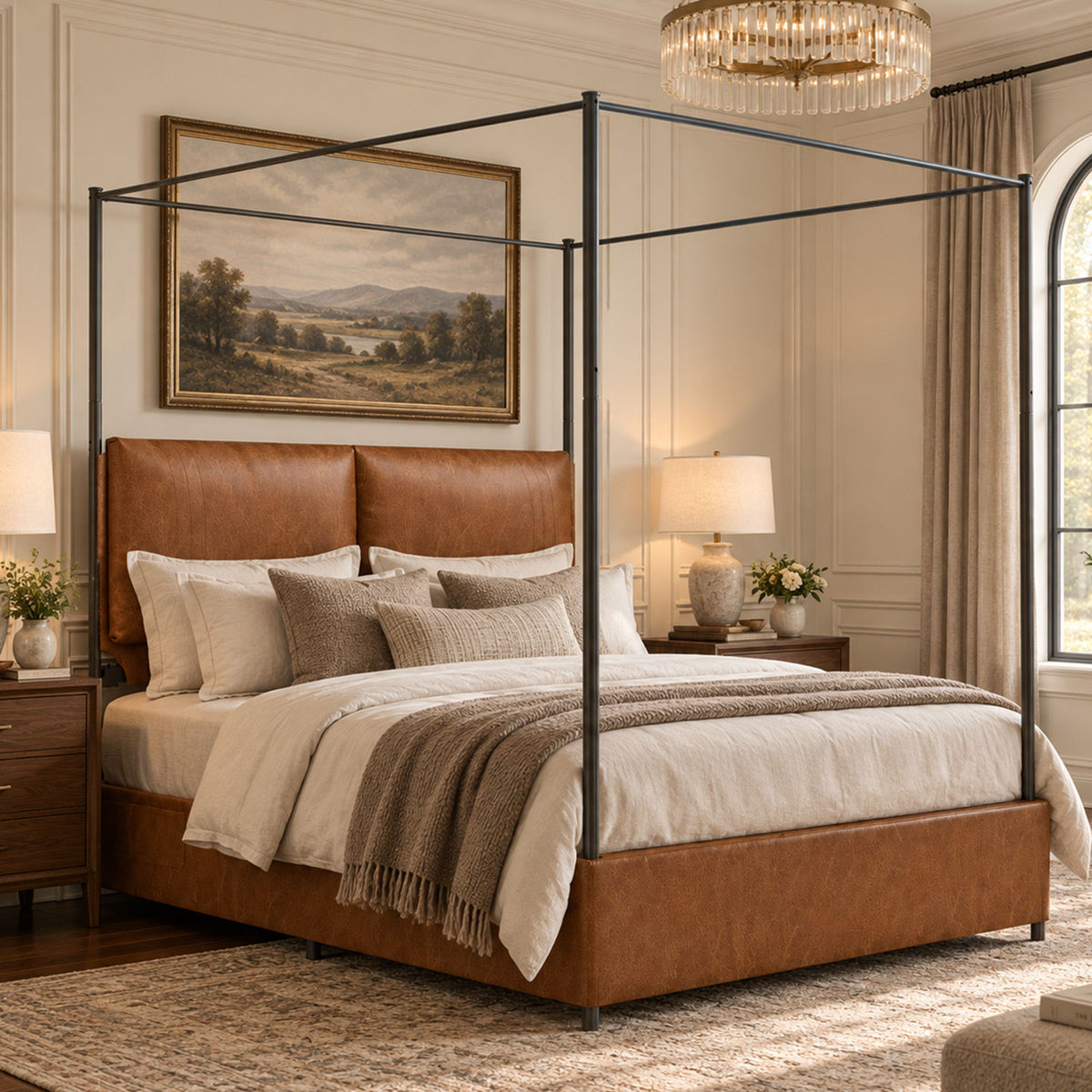 Queen Canopy Bed Frame,  Faux Leather Upholstered Bed with Metal Frame, Four Poster Platform Bed, No Box Spring Needed, Rustic Brown
