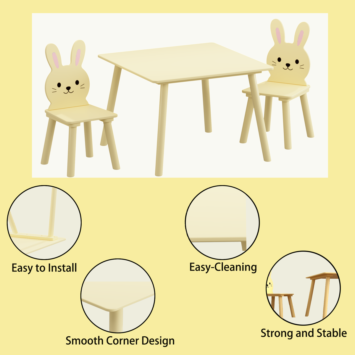 Kids Table and Chair Set with 2 Bunny Chairs, Children's Wooden Activity Table for Toddlers, Cute Animal Design Study Play Set