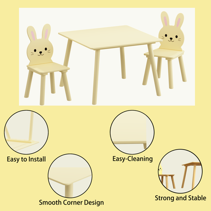 Kids Table and Chair Set with 2 Bunny Chairs, Children's Wooden Activity Table for Toddlers, Cute Animal Design Study Play Set