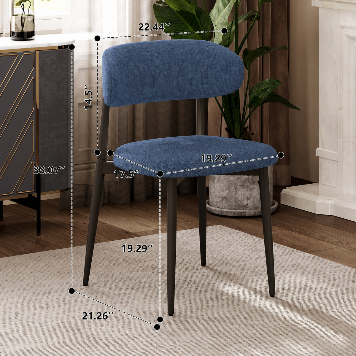 Dining Chairs Set of 2, Metal Kitchen Chairs with Modern Linen Fabric Upholstered for Dining Room, NAVY Seat
