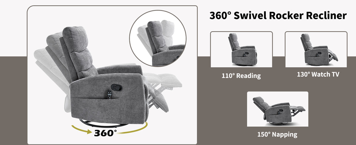 Heat Massage Manual Recliner Chair with Rocker and Swivel in Fabric, Grey – Model W3224P322251