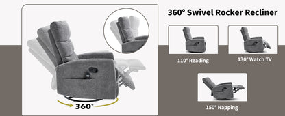 Heat Massage Manual Recliner Chair with Rocker and Swivel in Fabric, Grey – Model W3224P322251