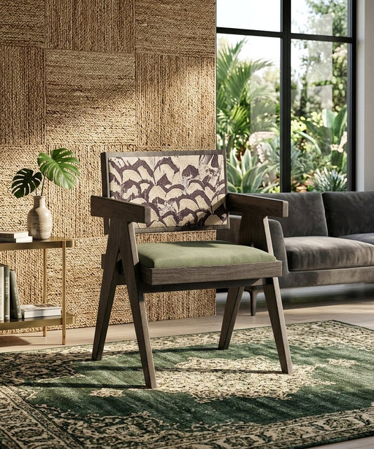Mid-Century Modern Solid Wood Armchair with Upholstered Pattern Back and Padded Seat, Vintage Accent Chair / Dining Desk Chair for Living Room, Bedroom, Home Office