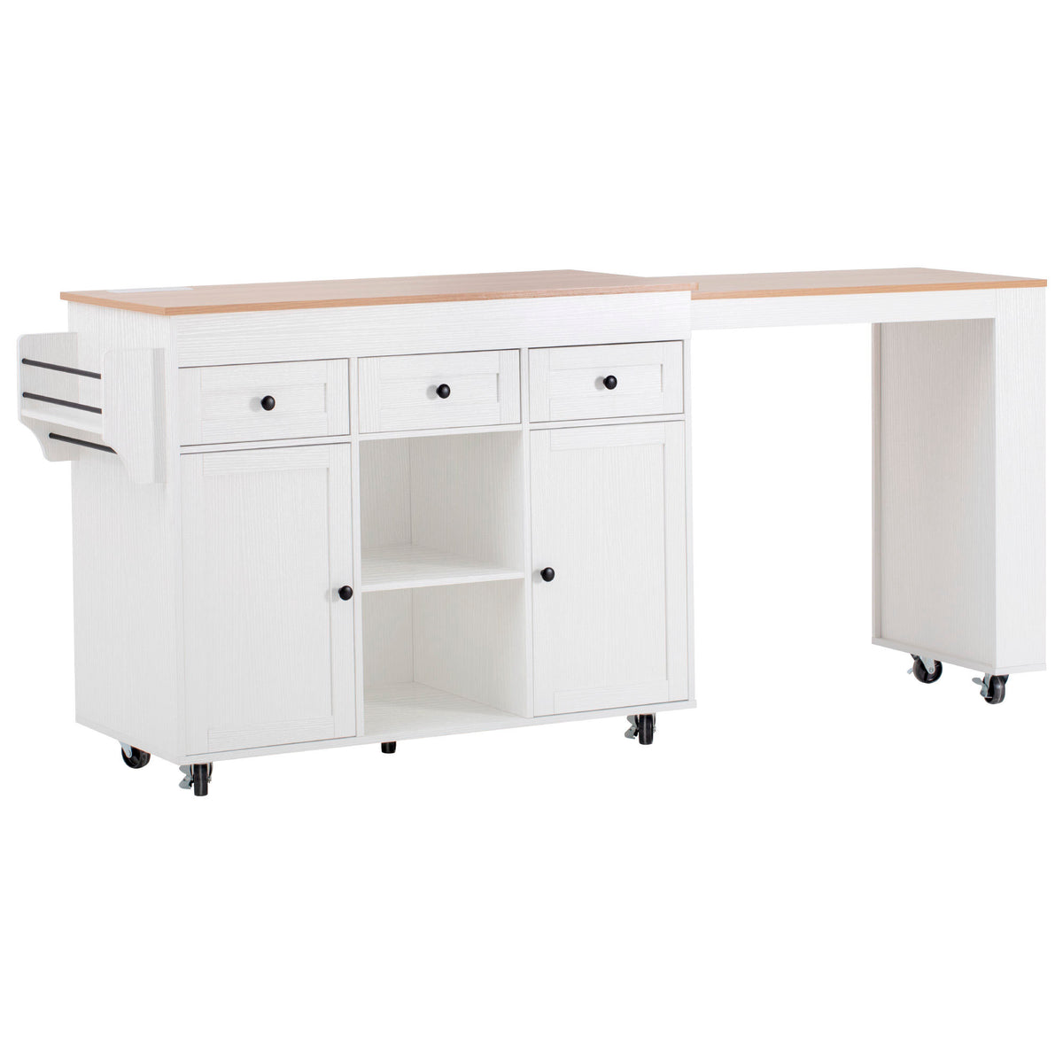 K&K 85.5" Kitchen Island with Extendable Dining Table, Kitchen Storage Table with 3 Side Open Shelves – White