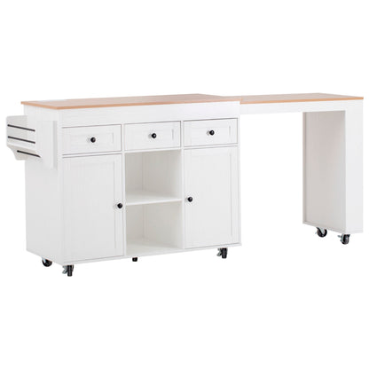 K&K 85.5" Kitchen Island with Extendable Dining Table, Kitchen Storage Table with 3 Side Open Shelves – White