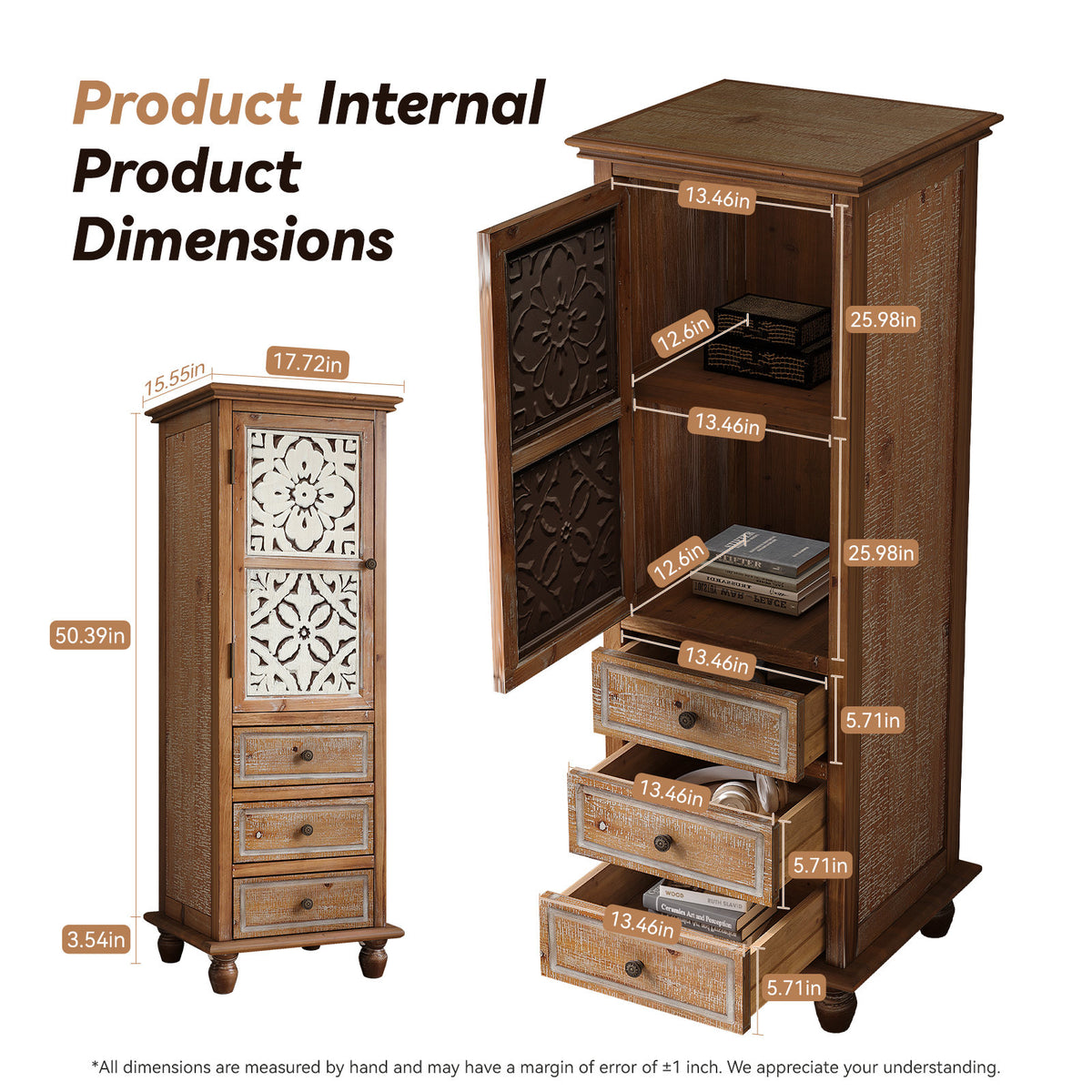 Rustic Wooden Storage Cabinet with Decorative Cutout Door & 3 Drawers, Tall Narrow Organizer for Living Room, Bedroom