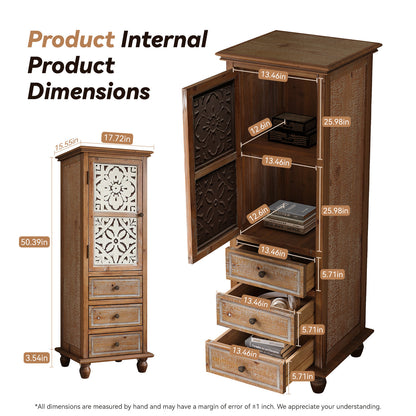 Rustic Wooden Storage Cabinet with Decorative Cutout Door & 3 Drawers, Tall Narrow Organizer for Living Room, Bedroom