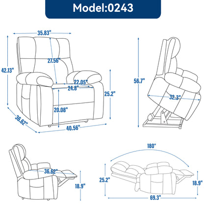 Blue Heat Massage Dual Motor Infinite Position Up to 350 LBS Large Electric Power Lift Recliners with Hidden Cup Holders, Power-Remote