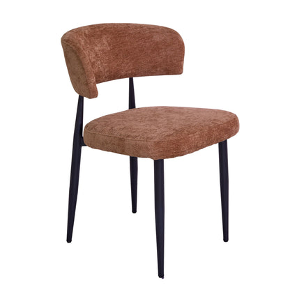Four brown modern dining chairs, thick chenille soft cushion seats, ergonomic curved backrests, easy to assemble, easy to clean, suitable for use in family restaurants, cafes and small taverns.
