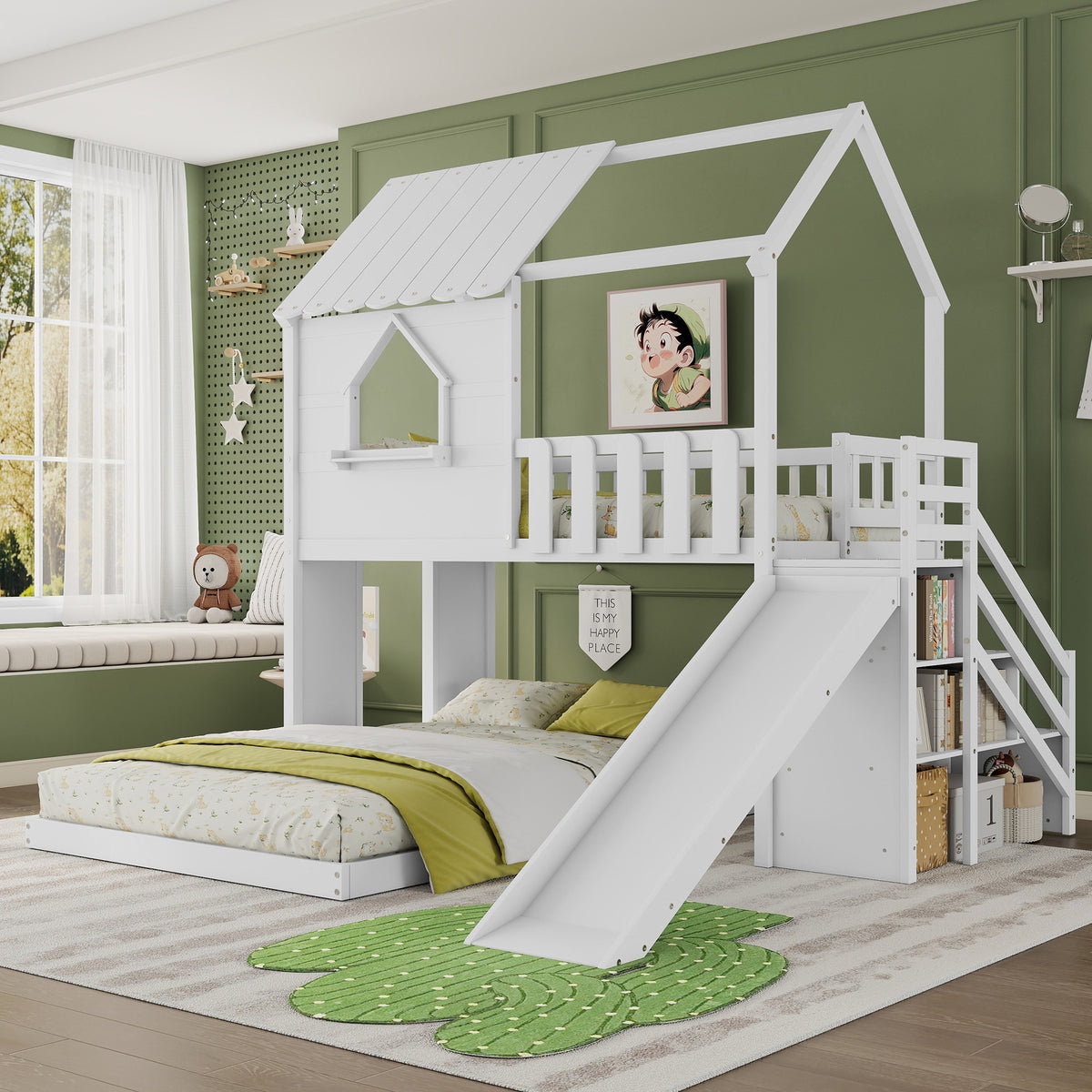 Twin Over Full Kids House Shaped Wooden Bunk Bed Frame, Playhouse Design with Slide and Storage Staircase, White