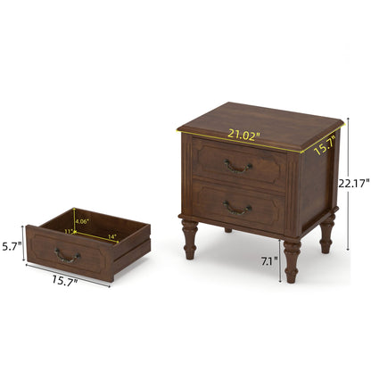 Farmhouse Nightstand with 2 Drawer, Traditional Wood Bedside Table, Wood Storage End Table with 4 Solid Wood Feet, Metal Handle, Traditional wood-on-wood drawer glides, Easy Assembly, Walnut,2-Piece