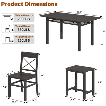 Dining Table Set for 6 with Storage Chairs, Wooden Kitchen Table Set, Farmhouse 5-Piece Dining Room Furniture, Compact Dinette Set for Small Space, Breakfast Nook, Apartment