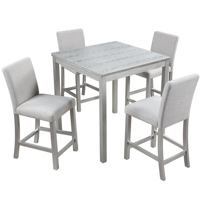 5 Piece Counter Height Table Set, Wooden Kitchen Table Set with Square Table and 4 Upholstered Chairs, Counter Height Dining Table with Crystal Decoration and Chair Set, Silver Grey