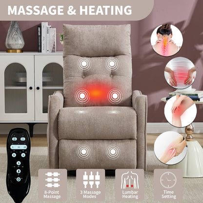 Khaki Chenille Single Motor Power Lift Recliner Chair with Massage and Heat for Elderly, Heavy Duty Motion Mechanism and One USB for Charging, Max Reclining Angle 155°