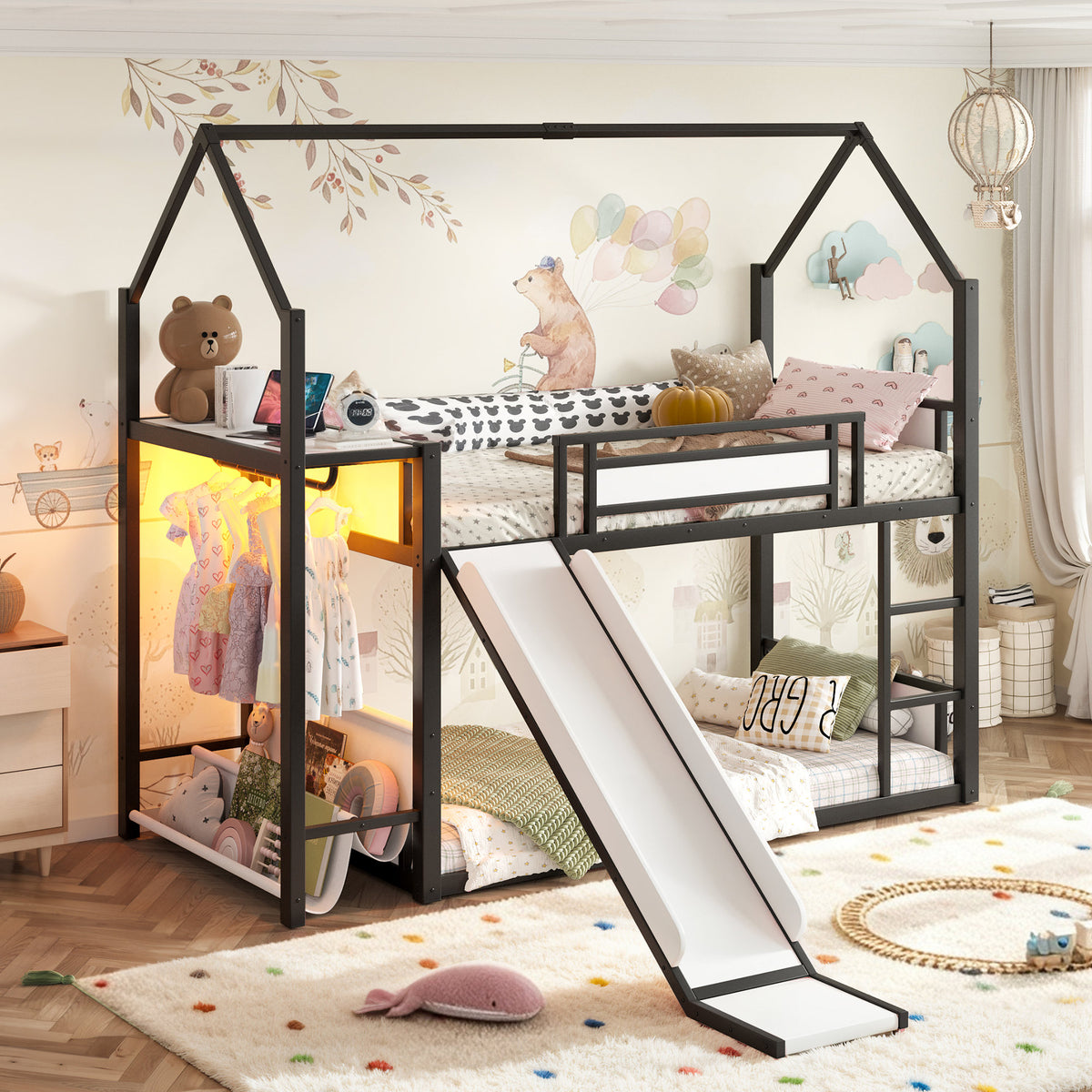 Twin Over Twin Metal Bunk Bed with Slide, LED Clothing Hanging Area, Fabric Storage Shelf & Power Outlet, Childlike Playhouse bunk bed Frame with low-profile design for Kids Girls,boys, Black