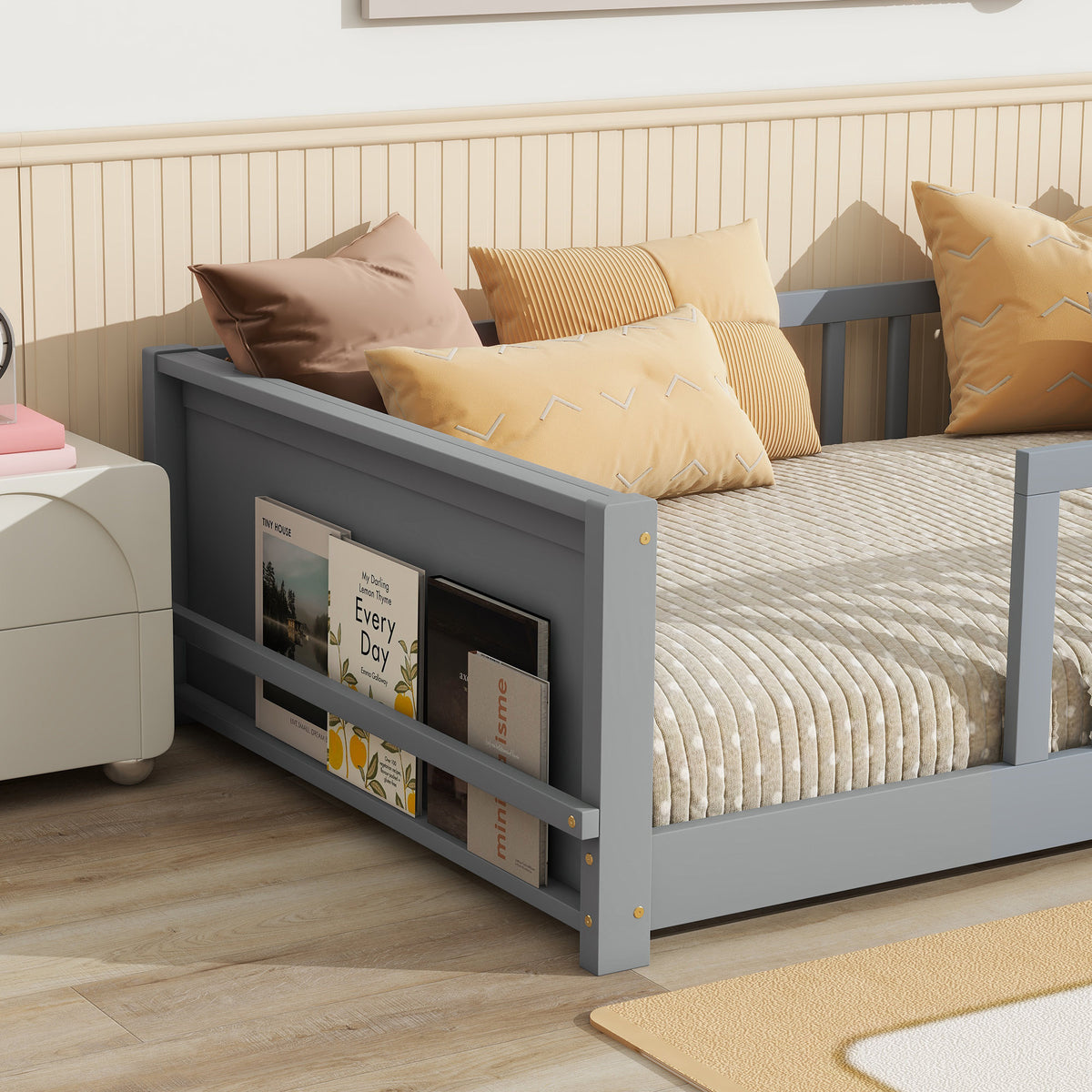Twin size Floor Platform Bed with Built-in Book Rack, Grey